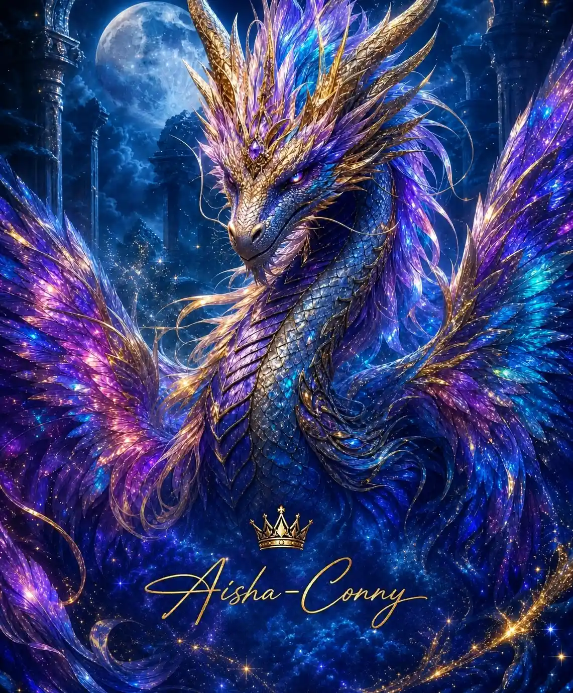 Um dragão banhado pelo luar, com asas e escamas luminosas e uma coroa dourada