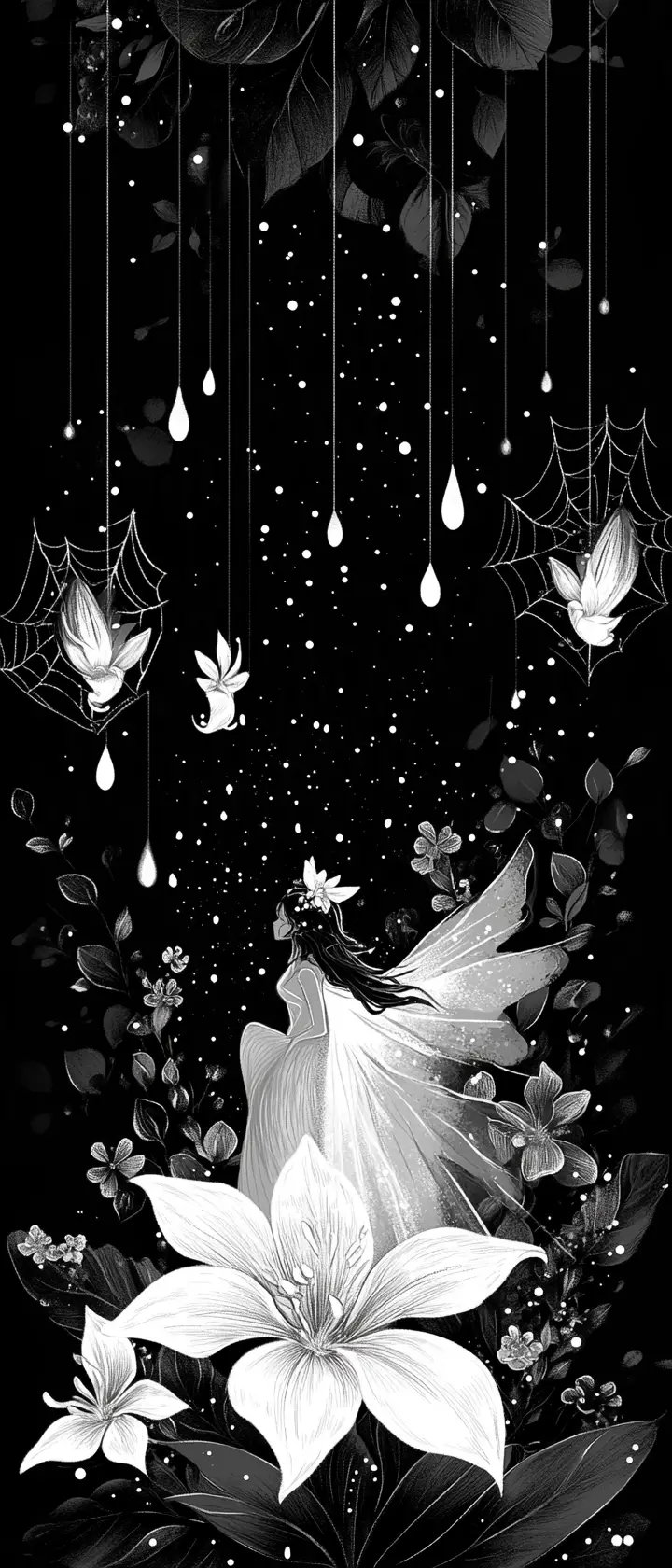 A fairy among giant orchids and glistening spiderwebs