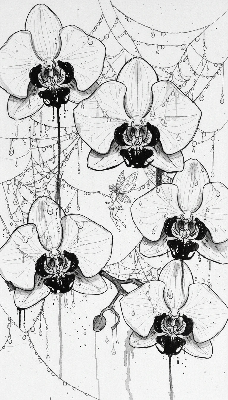 Eine Fee zwischen riesigen Orchideen und lichtreflektierenden Spinnweben