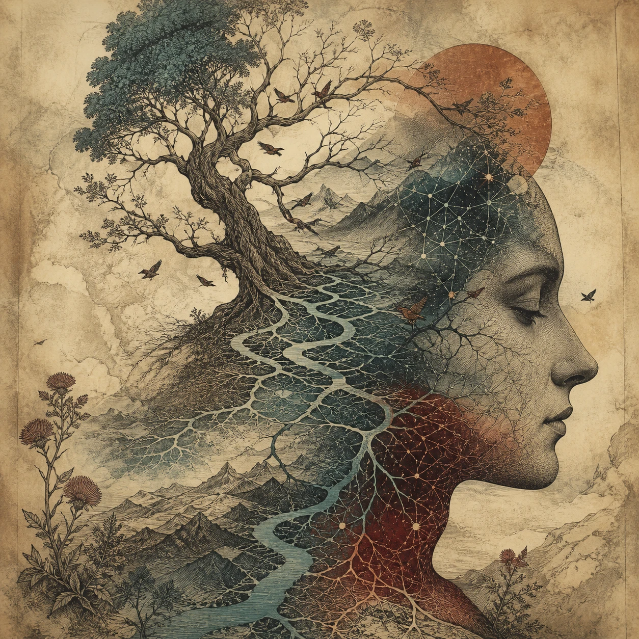 Un perfil humano y un árbol ancestral se unen en una forma ramificada surrealista