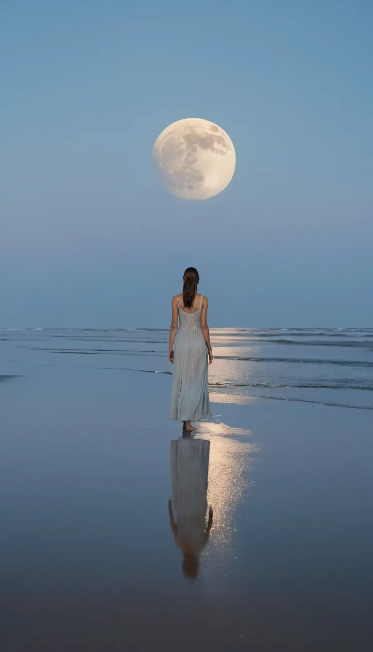 夜明けの無人の浜辺に横たわる巨大な月に触れる女性