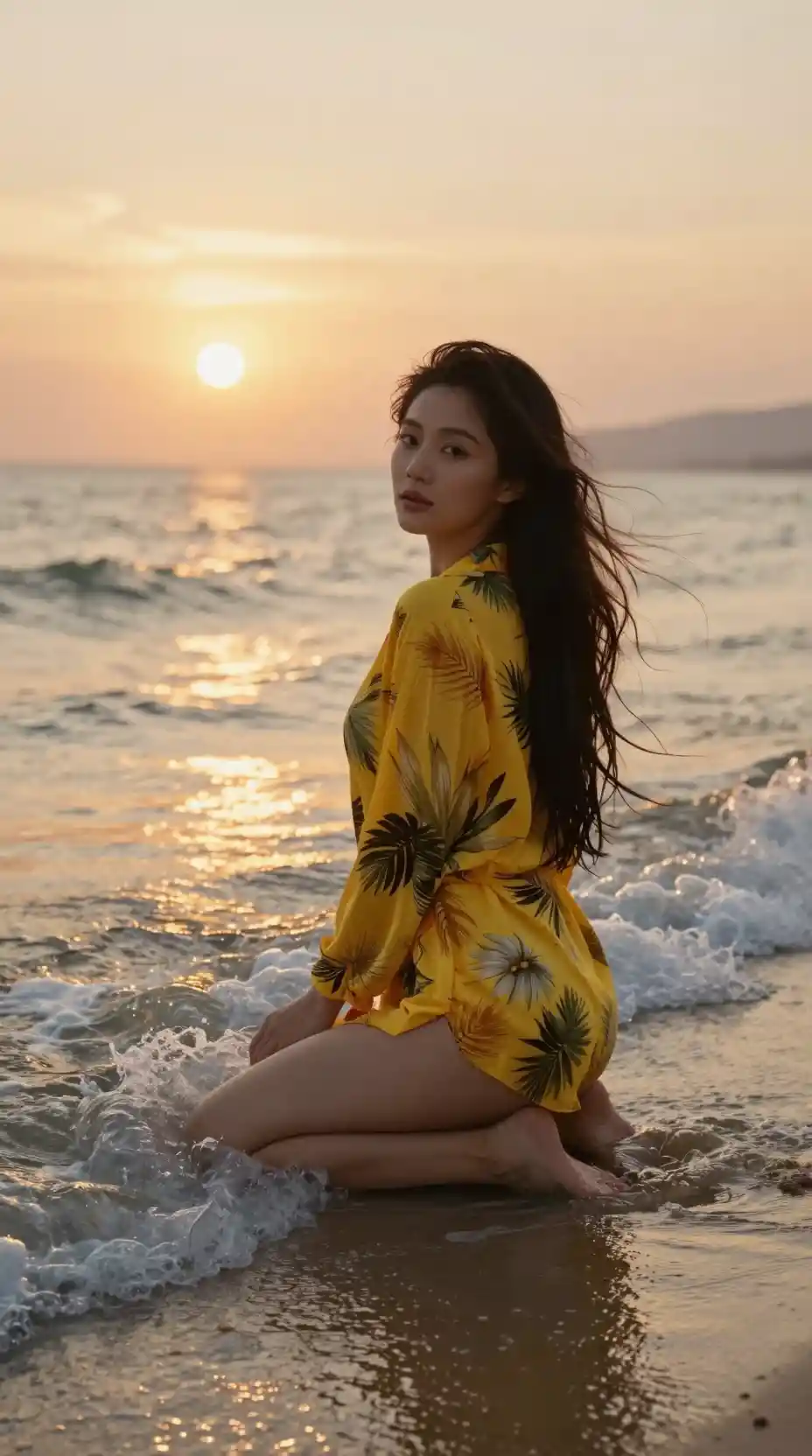석양 아래 얕은 해변 물결 속에 무릎을 꿇은 나뭇잎 프린트 셔츠 차림의 여성