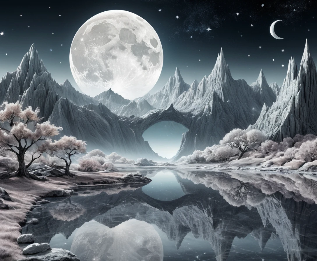 Abstrakte Grafiken in Pastellsilber, die eine Mondlandschaft darstellen