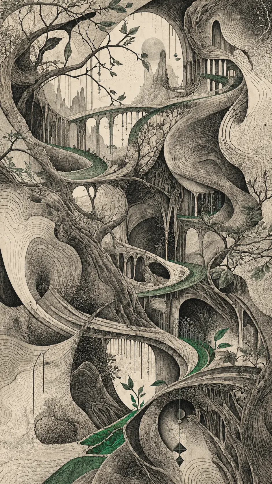 A Labyrinthine Structure of Curves, Branches, and Hidden Green Pathways