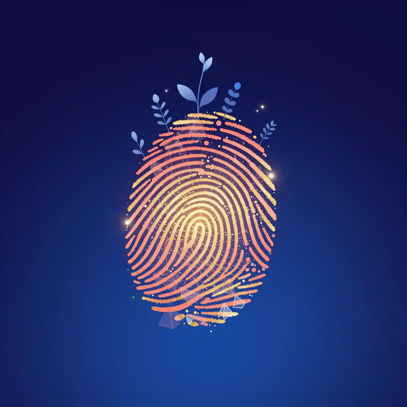 A radiant fingerprint blossoms into sprouts and geometric particles
