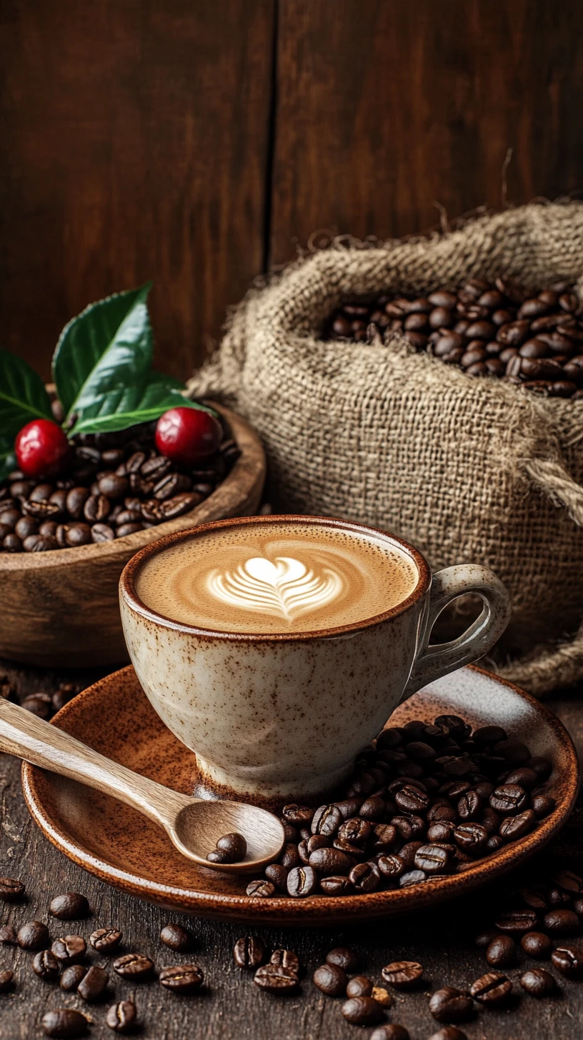 Rustikales Kaffeestillleben mit Latte Art und verstreuten Kaffeebohnen