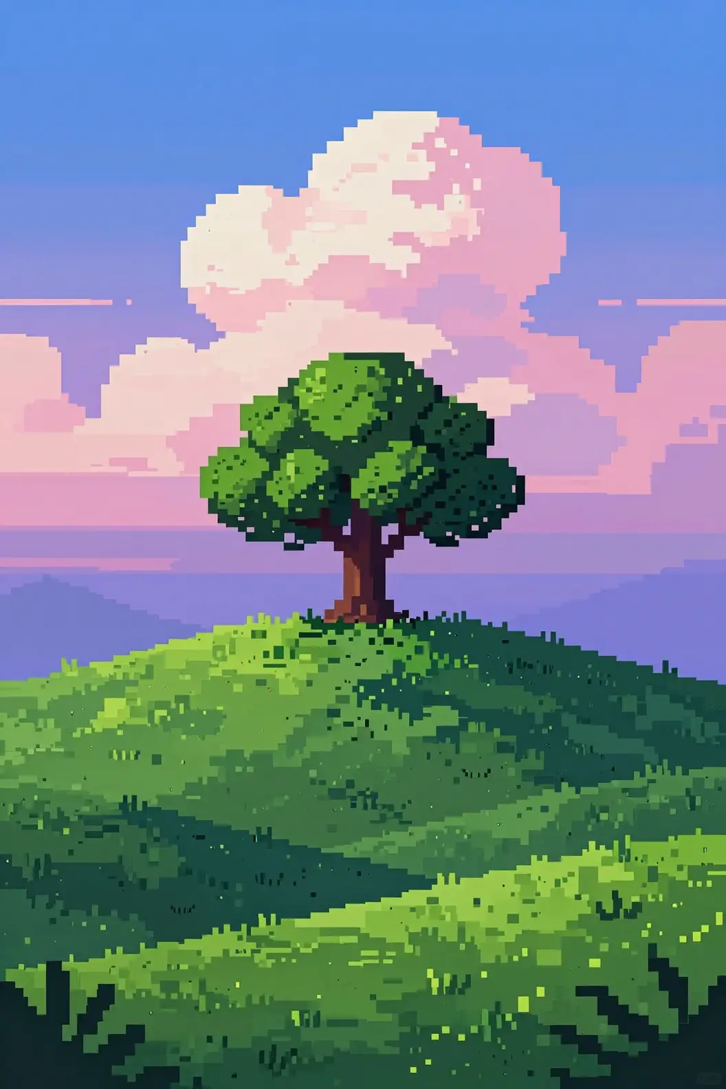 A pixel art tree crowns a green hill beneath a pink and white cloud