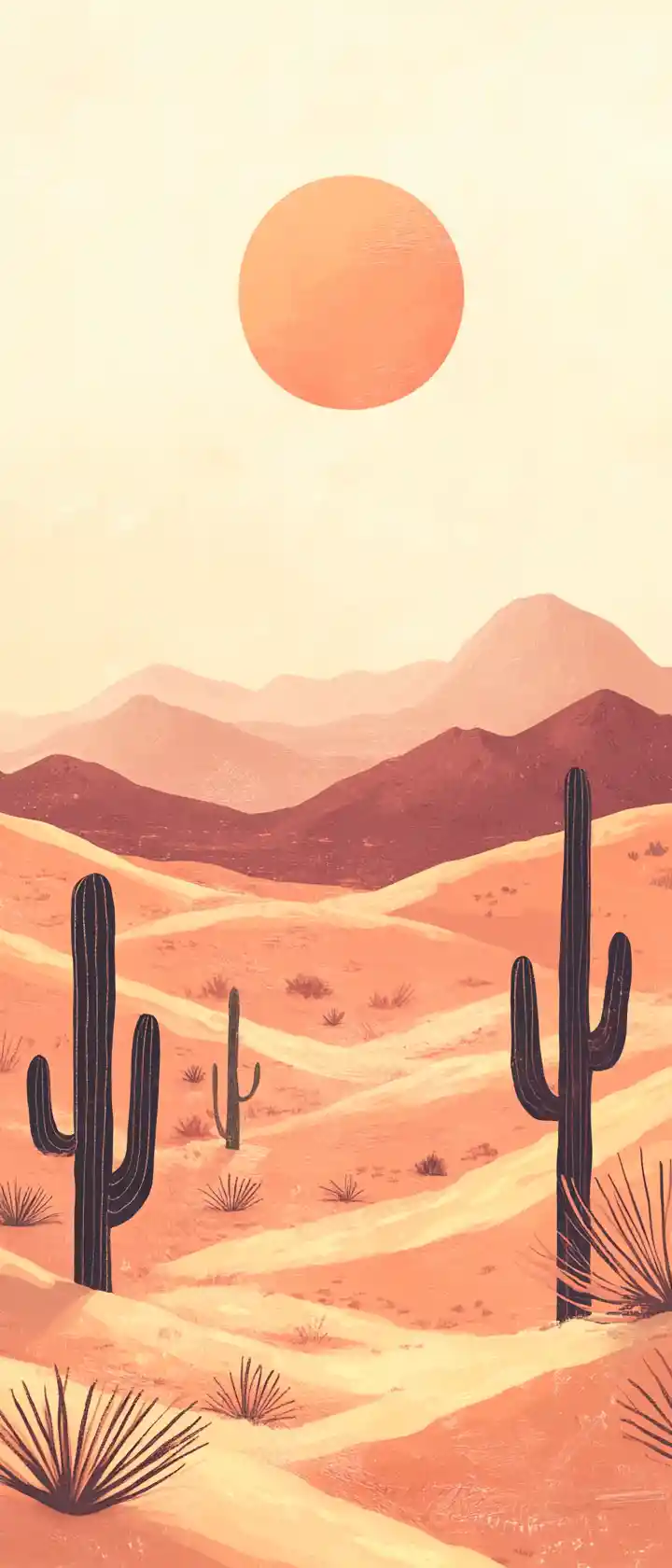 A pastel desert landscape glowing beneath the setting sun