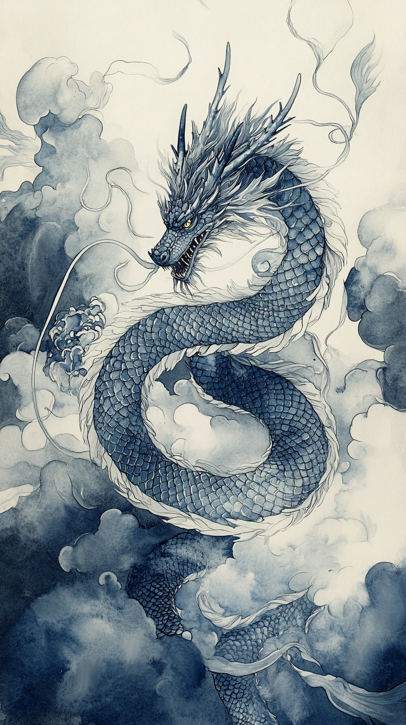 Um dragão oriental serpenteia entre as nuvens com uma forma de Möbius oculta