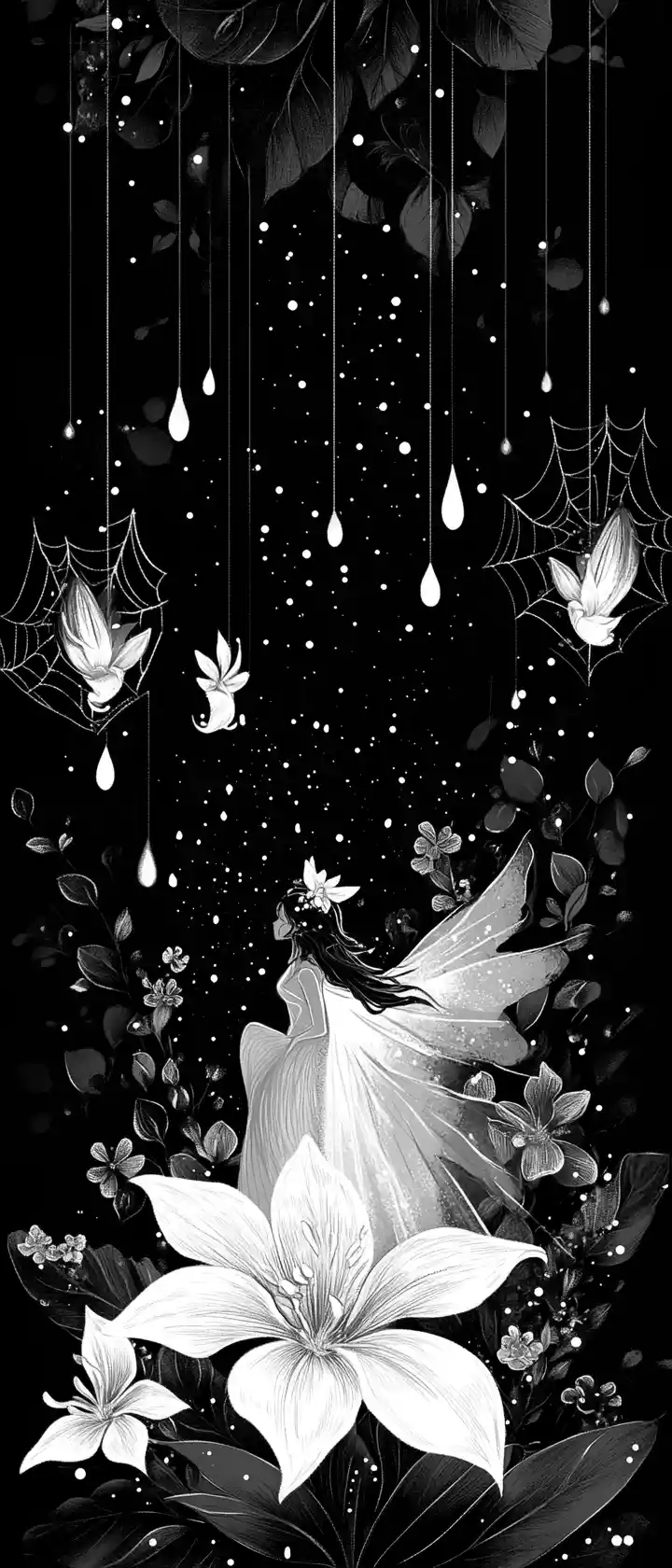 A fairy among giant orchids and glistening spiderwebs