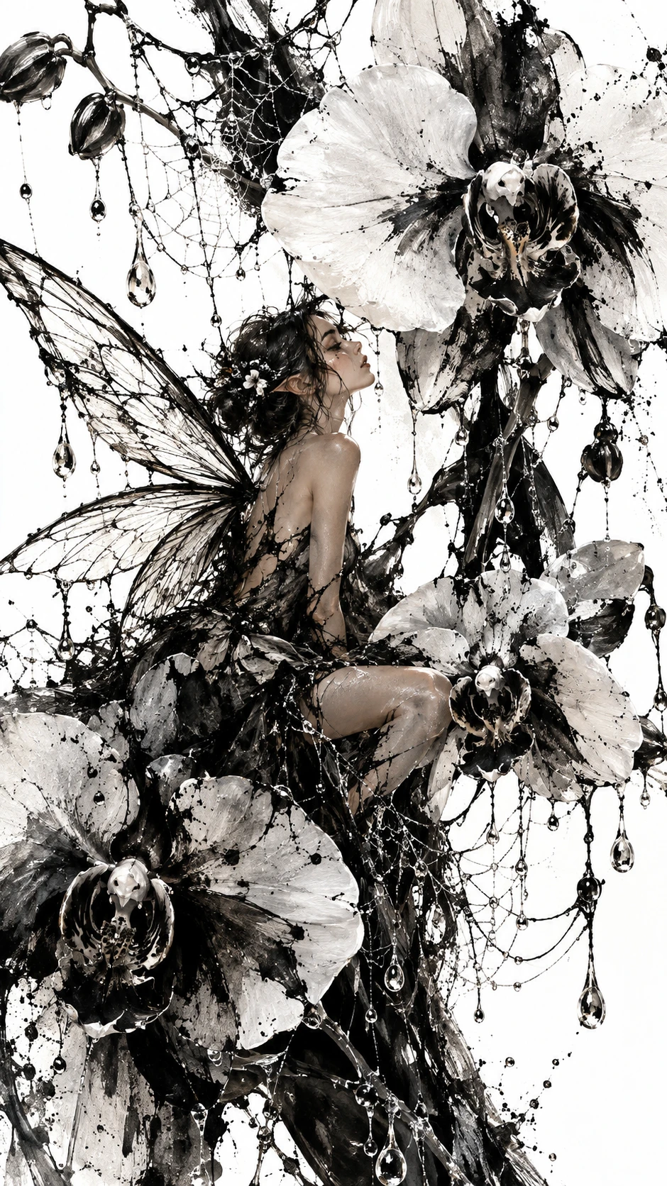 A fairy among giant orchids and water beads on spiderwebs
