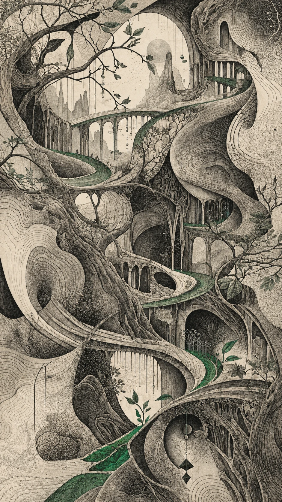 Une structure labyrinthique de courbes, de branches et de sentiers verts cachés