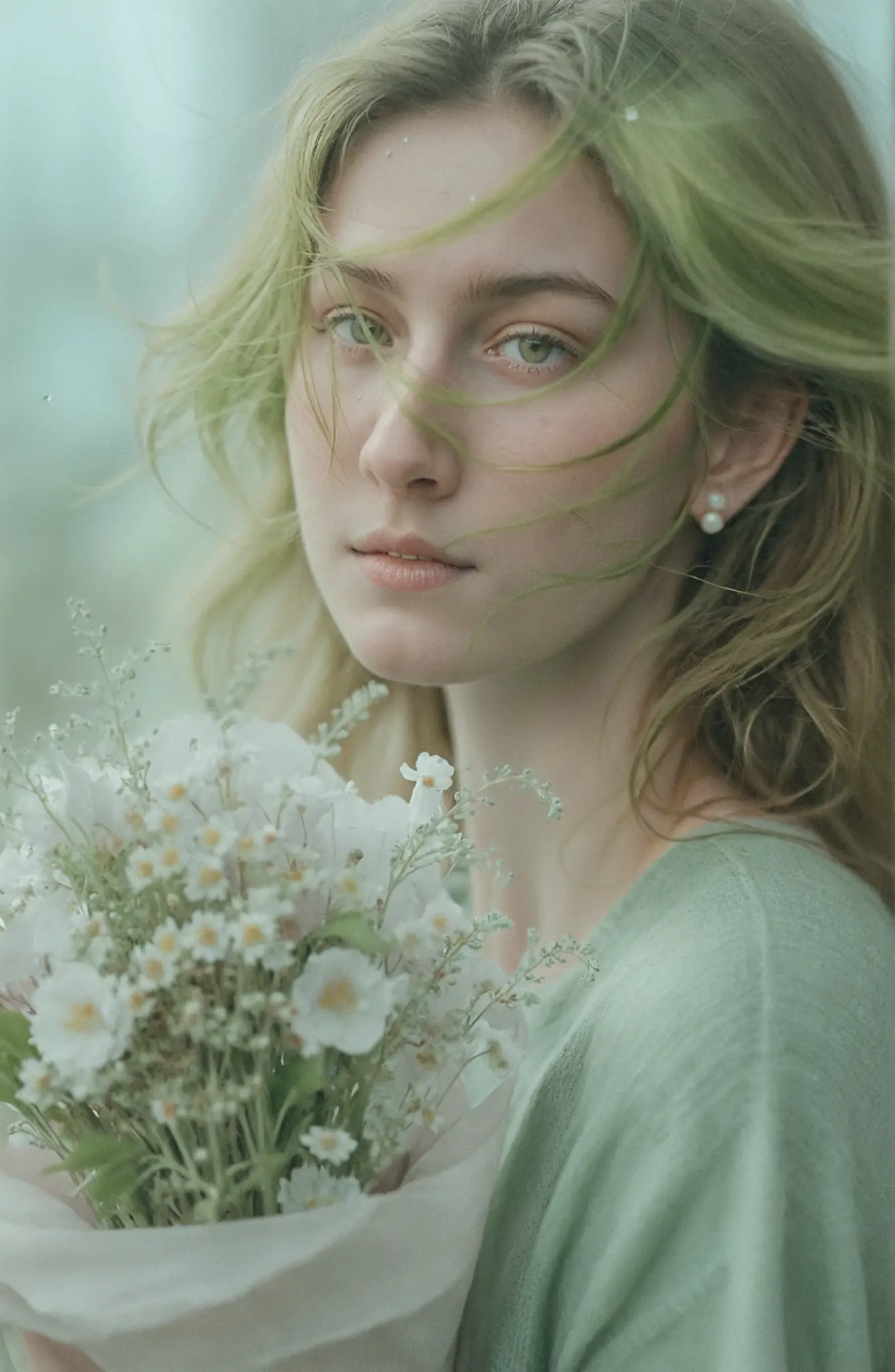 Une jeune femme tient un bouquet tandis que ses cheveux emportés par le vent lui barrent le visage