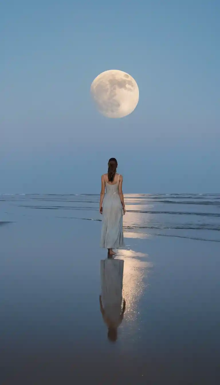 Une femme touche une lune géante posée sur une plage déserte à l’aube