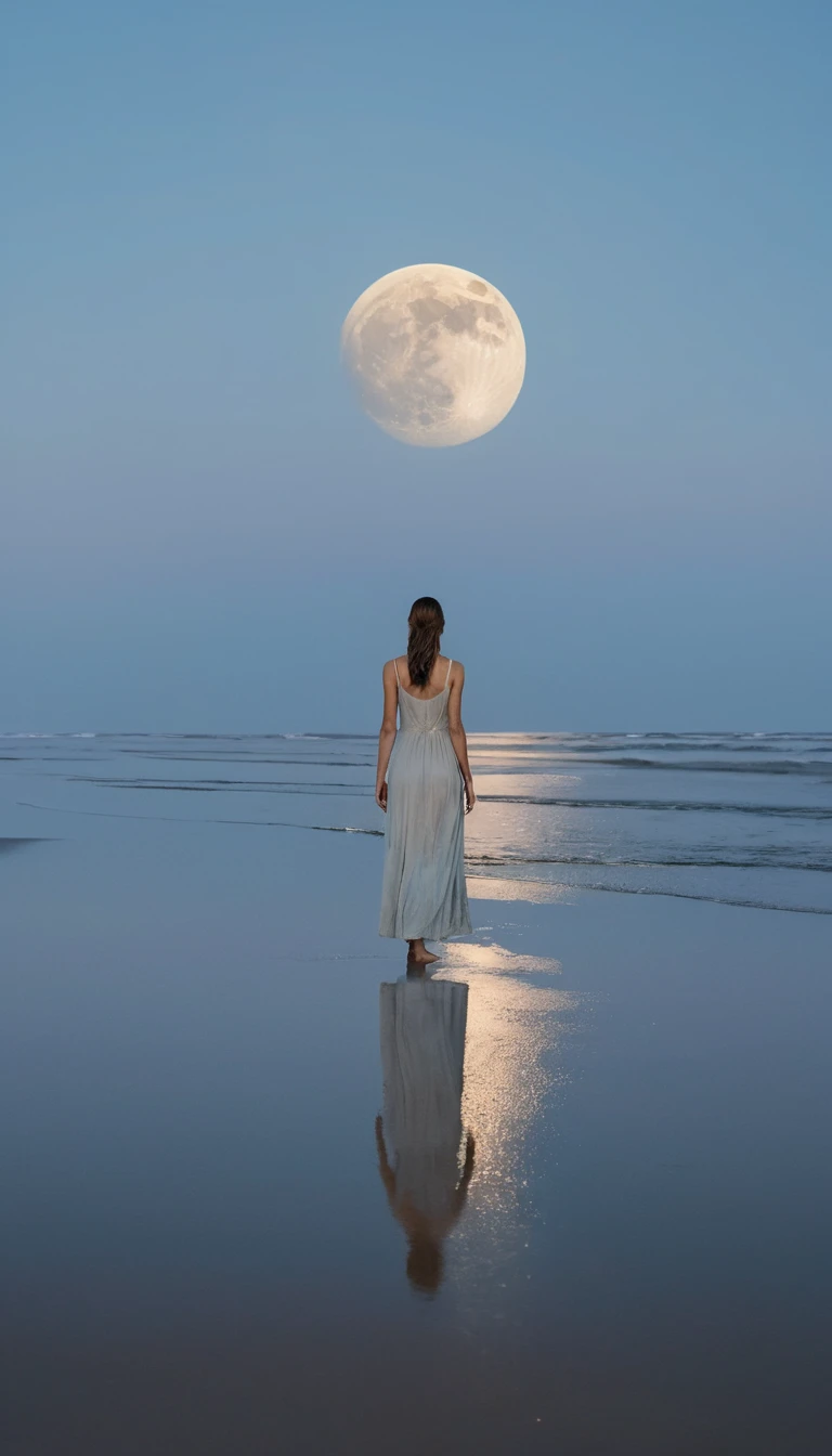 Une femme touche une lune géante posée sur une plage déserte à l’aube