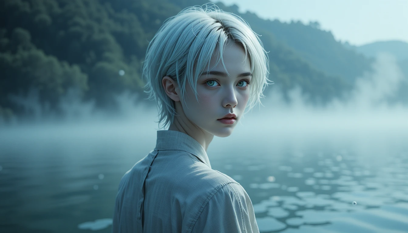 Um homem de anime de cabelos brancos e olhos azuis brilhantes diante de um lago enevoado