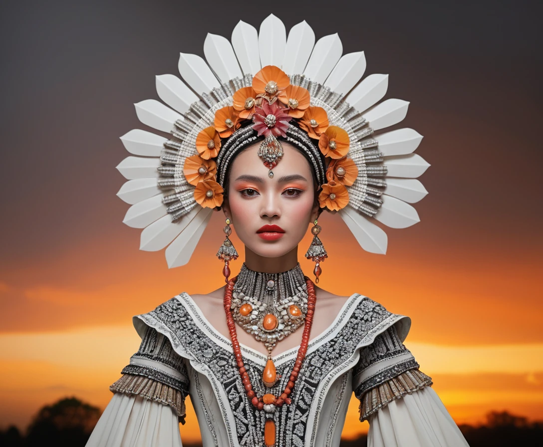 Donna fantasy seduta con un elaborato copricapo di petali
