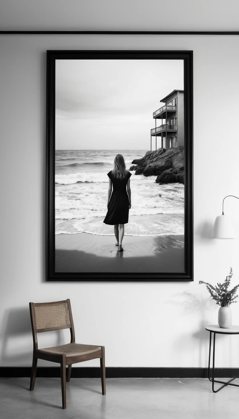 Uma mulher sai de uma fotografia emoldurada de praia e entra num apartamento