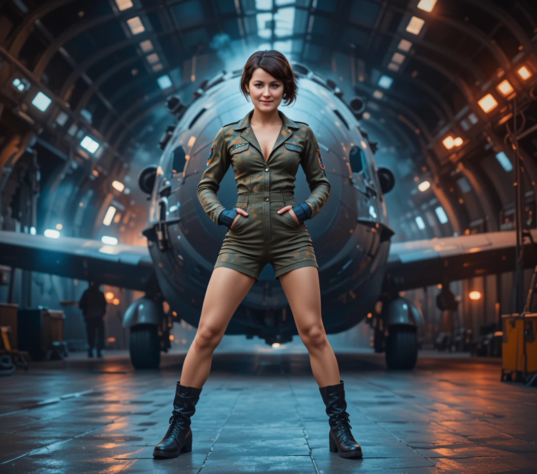 Um mecânico alemão posa diante de um hangar com um macacão camuflado