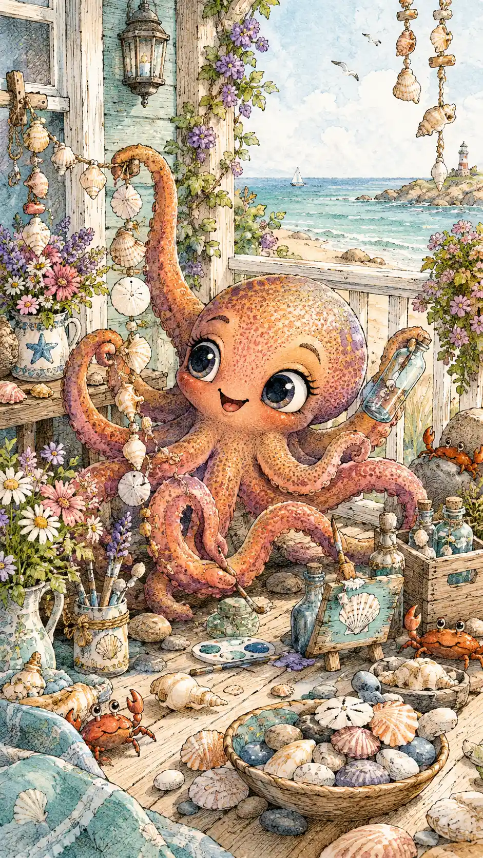 A cheerful octopus tends its seaside porch with busy tentacles