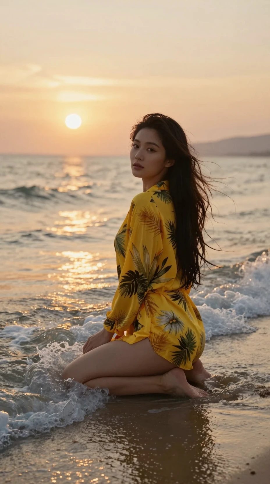 석양 아래 얕은 해변 물결 속에 무릎을 꿇은 나뭇잎 프린트 셔츠 차림의 여성