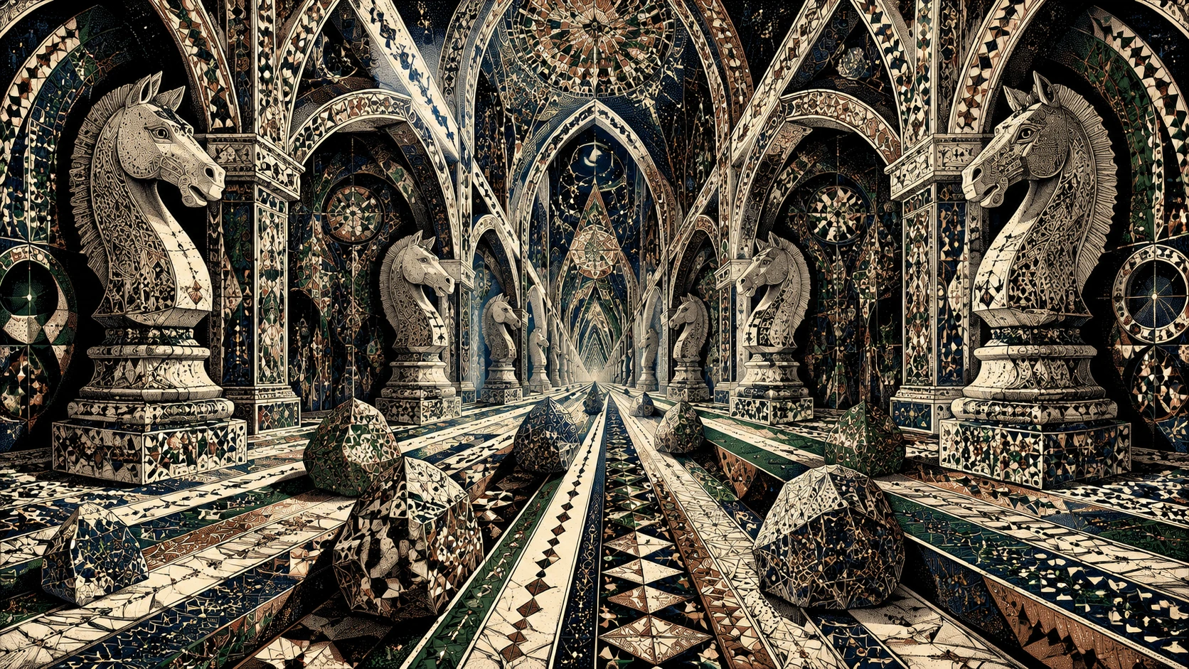 A gothic cathedral with endless triangular paths and moving carved stones