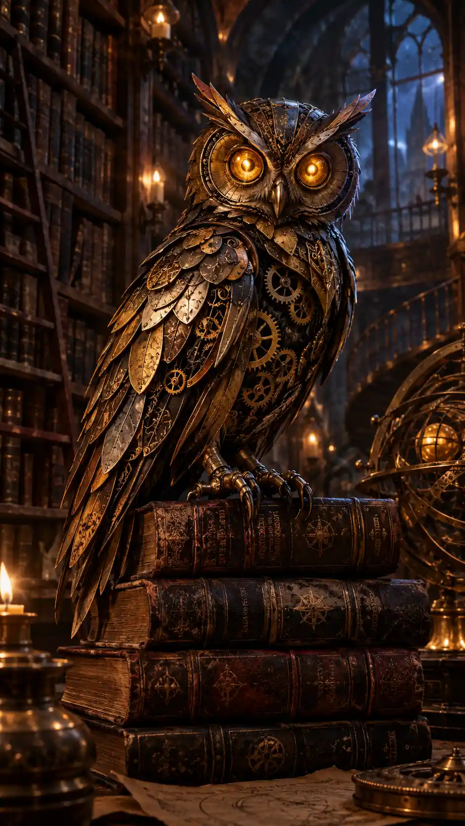 Un gufo meccanico si posa su antichi libri in una biblioteca fantastica