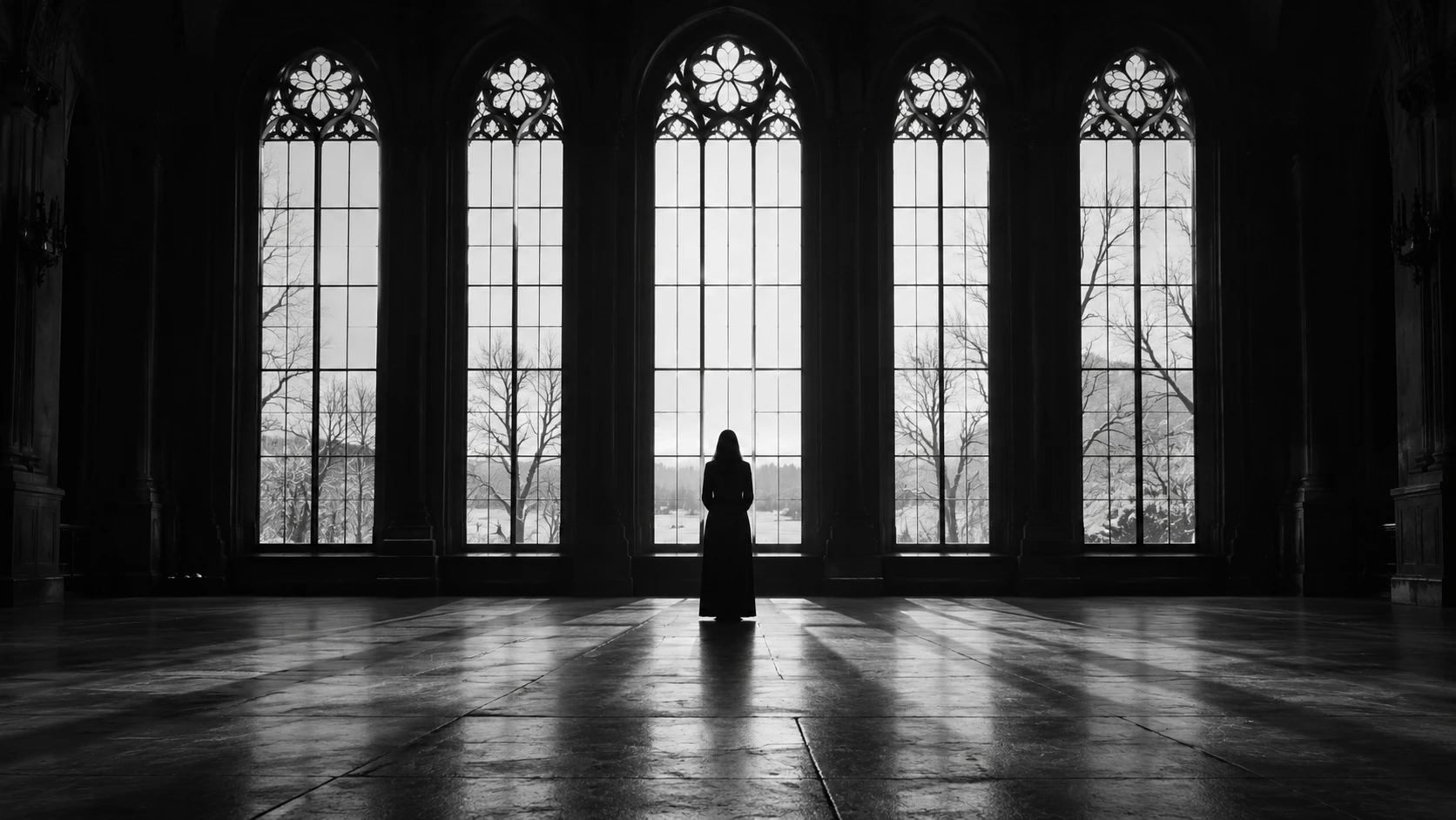Una silueta solitaria ante altas ventanas en un salón en penumbra