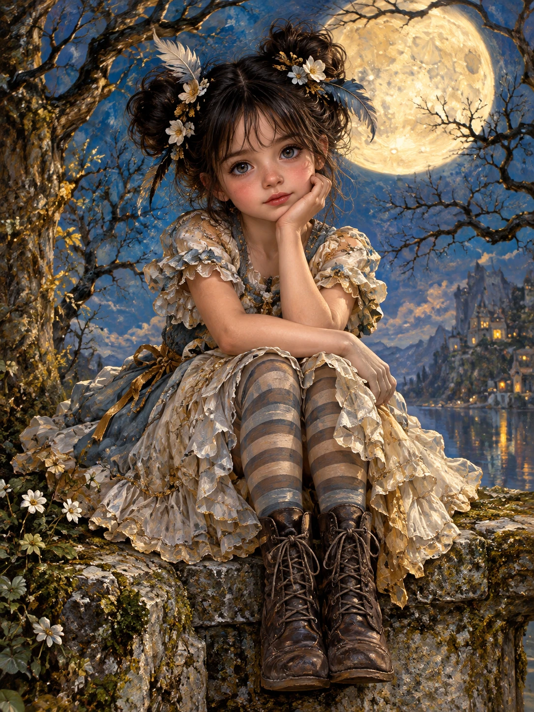 Une jeune fille parée de fleurs est assise sur un rebord de pierre sous la lune