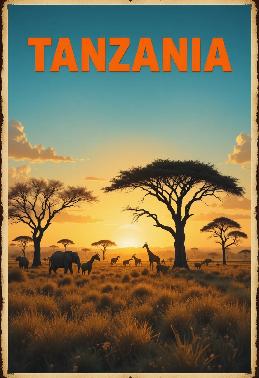 Silhouette di animali selvatici all'alba nella savana della Tanzania, in stile poster di viaggio vintage