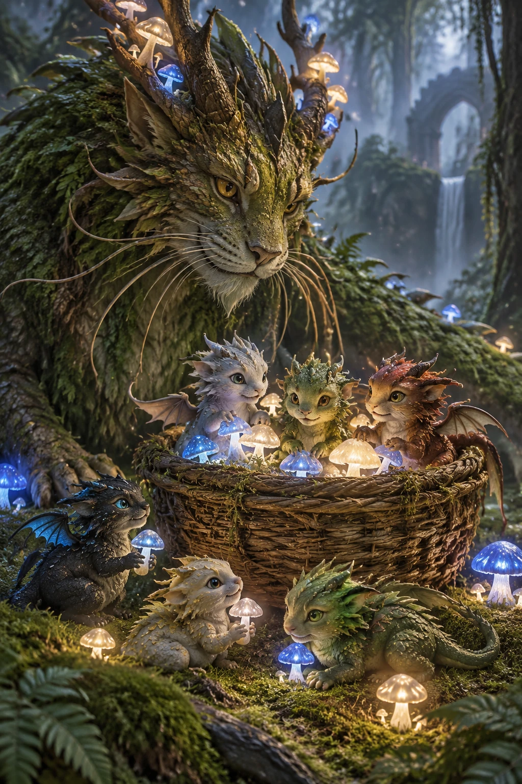 Ein moosbewachsener Wald-Katzendrache wacht über winzige Drachen