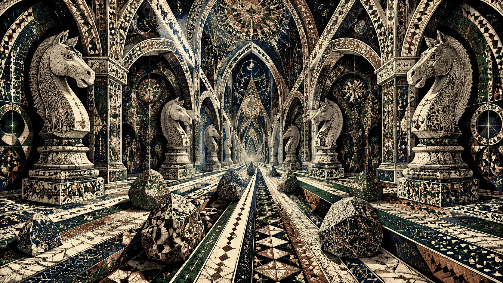 A gothic cathedral with endless triangular paths and moving carved stones