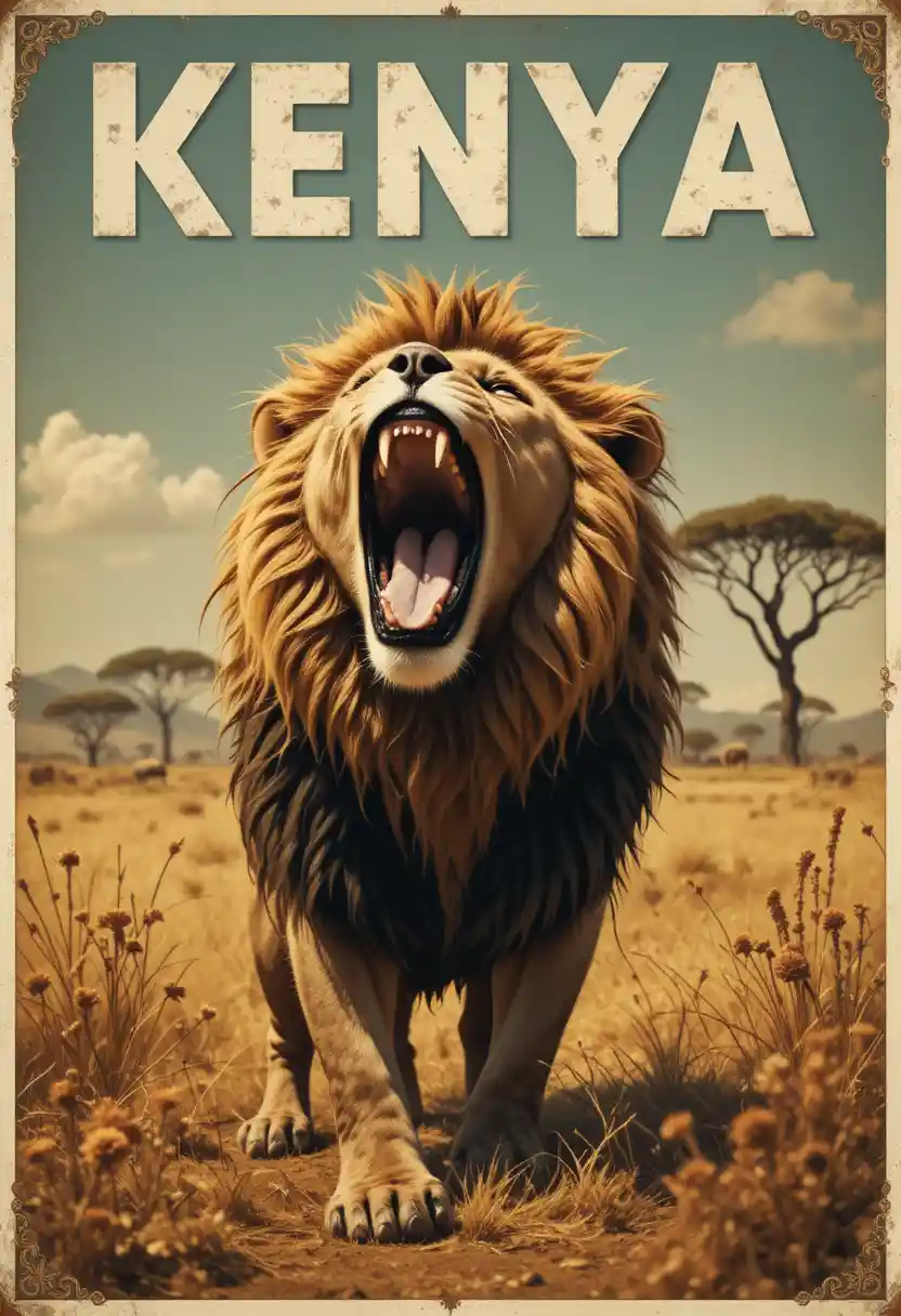 Cartaz de viagem vintage mostra um leão rugindo na savana africana