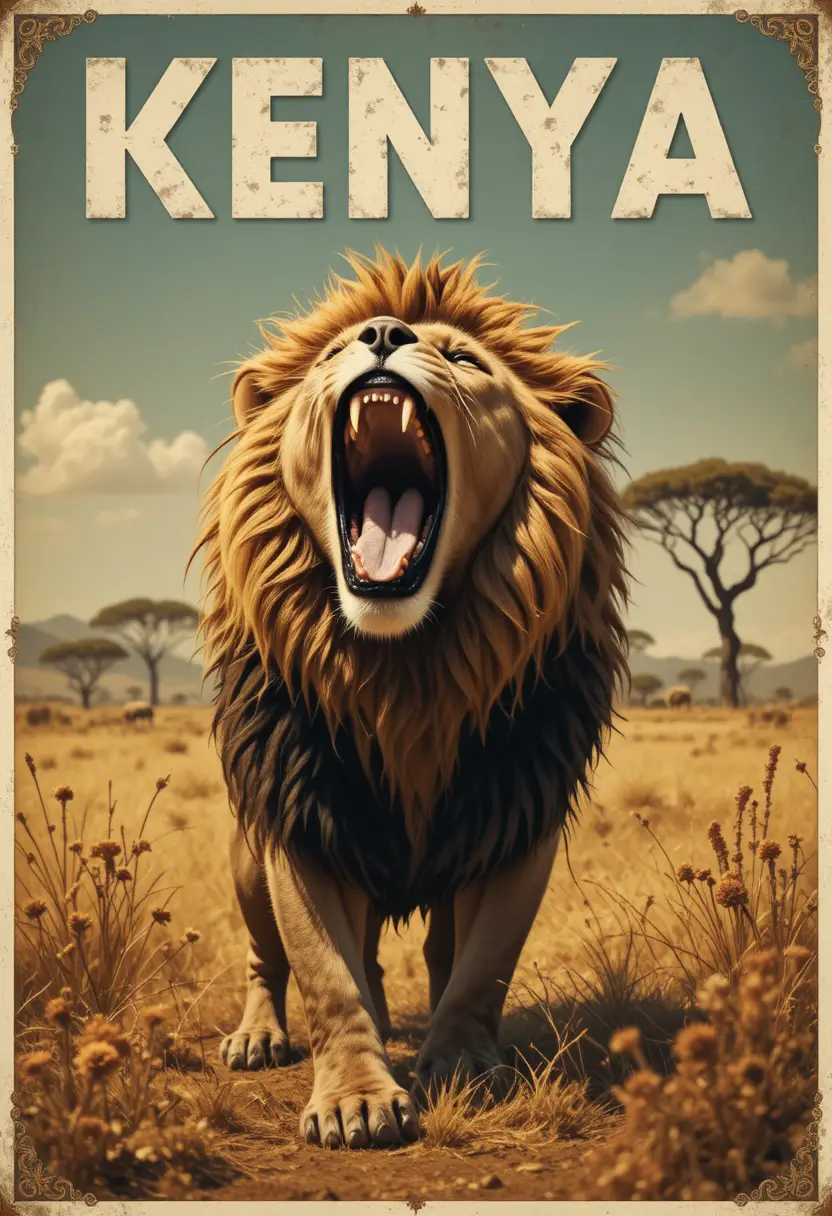 Cartaz de viagem vintage mostra um leão rugindo na savana africana