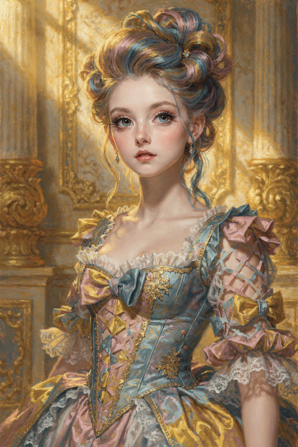Retrato onírico de uma jovem mulher diante de um cenário barroco ornamentado