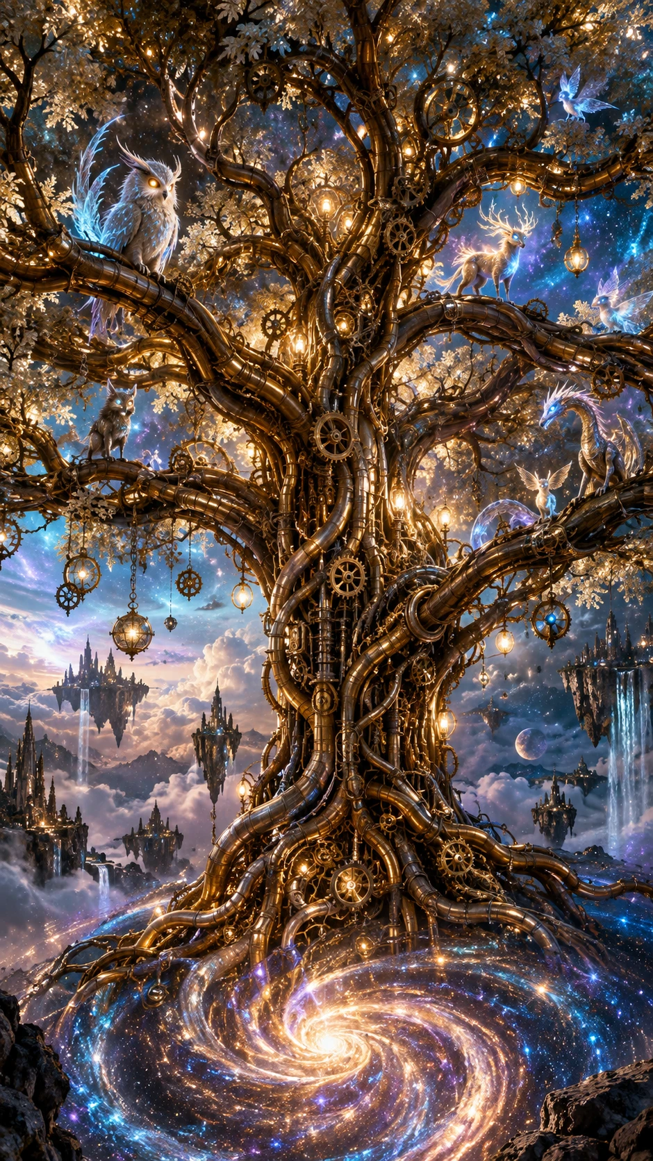 Un colossale albero meccanico mette radici in un vortice di polvere stellare
