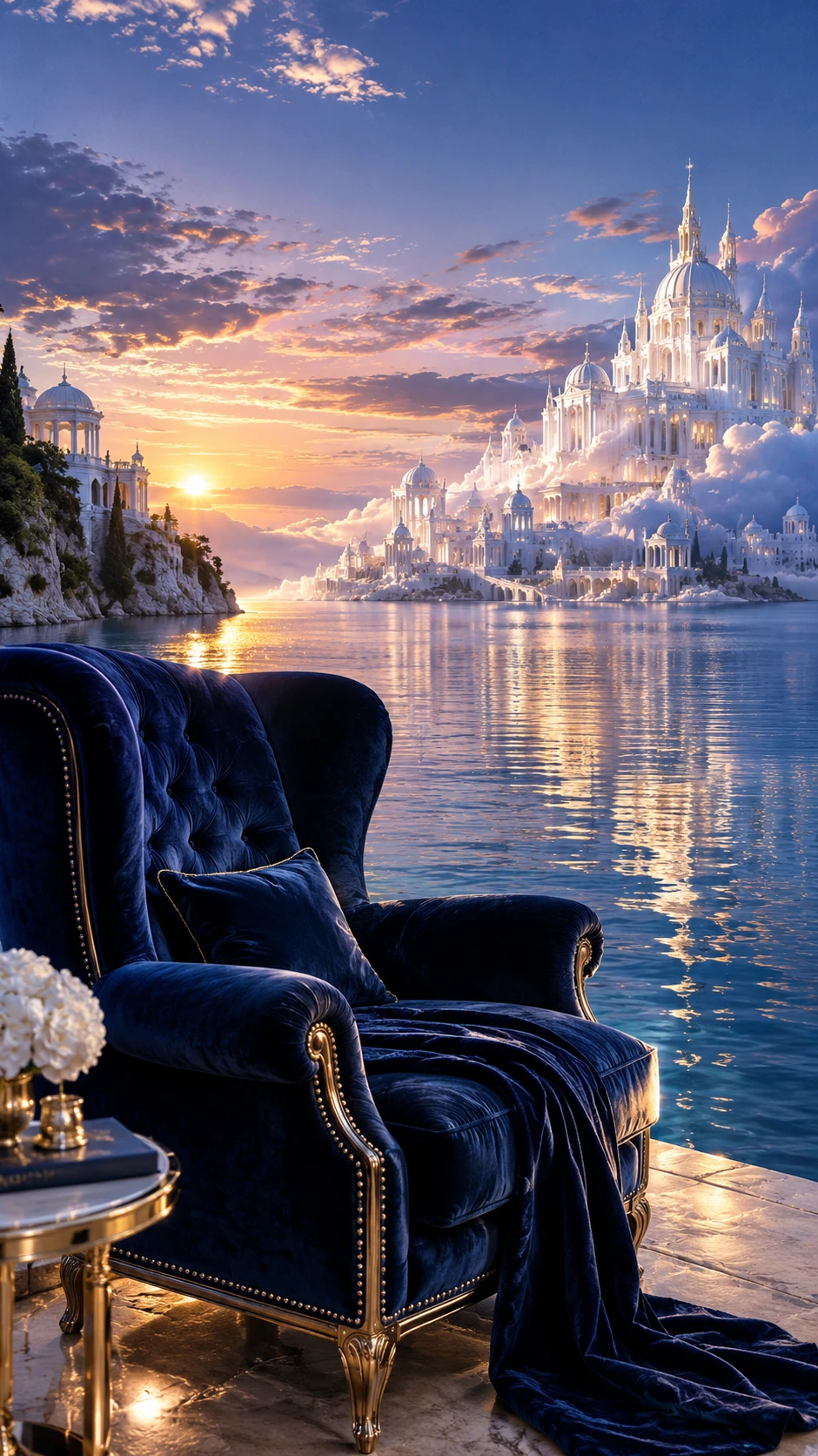 An oversized velvet armchair beside a vast crystalline lake