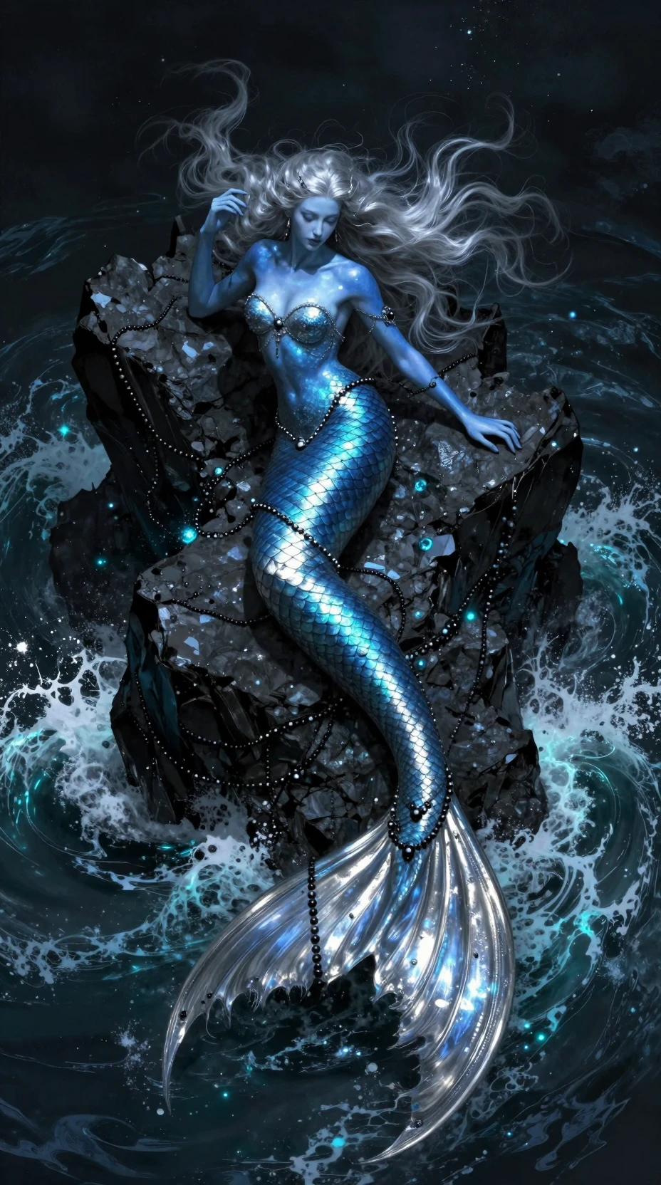 Una sirena si posa su rocce frastagliate tra onde impetuose