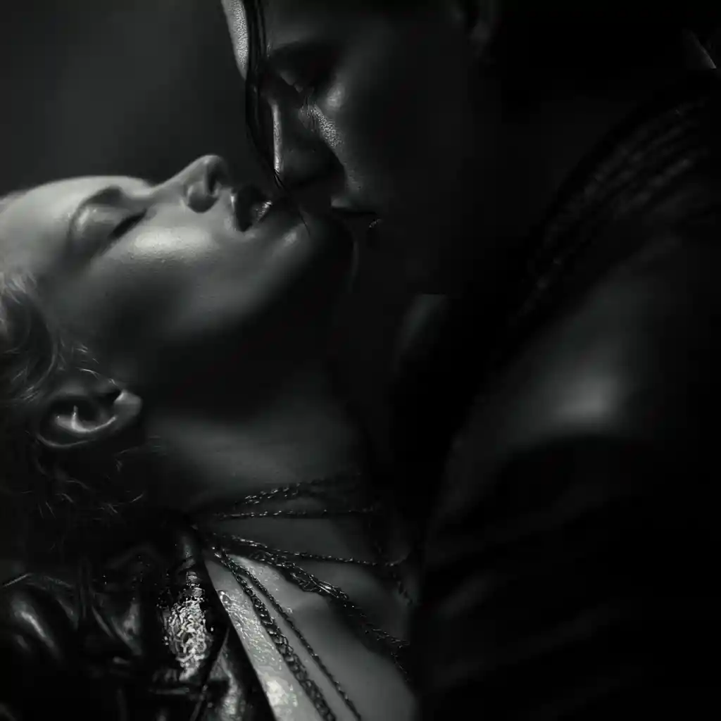 A Vampire Couple Share a Tender Embrace in a Noir Portrait