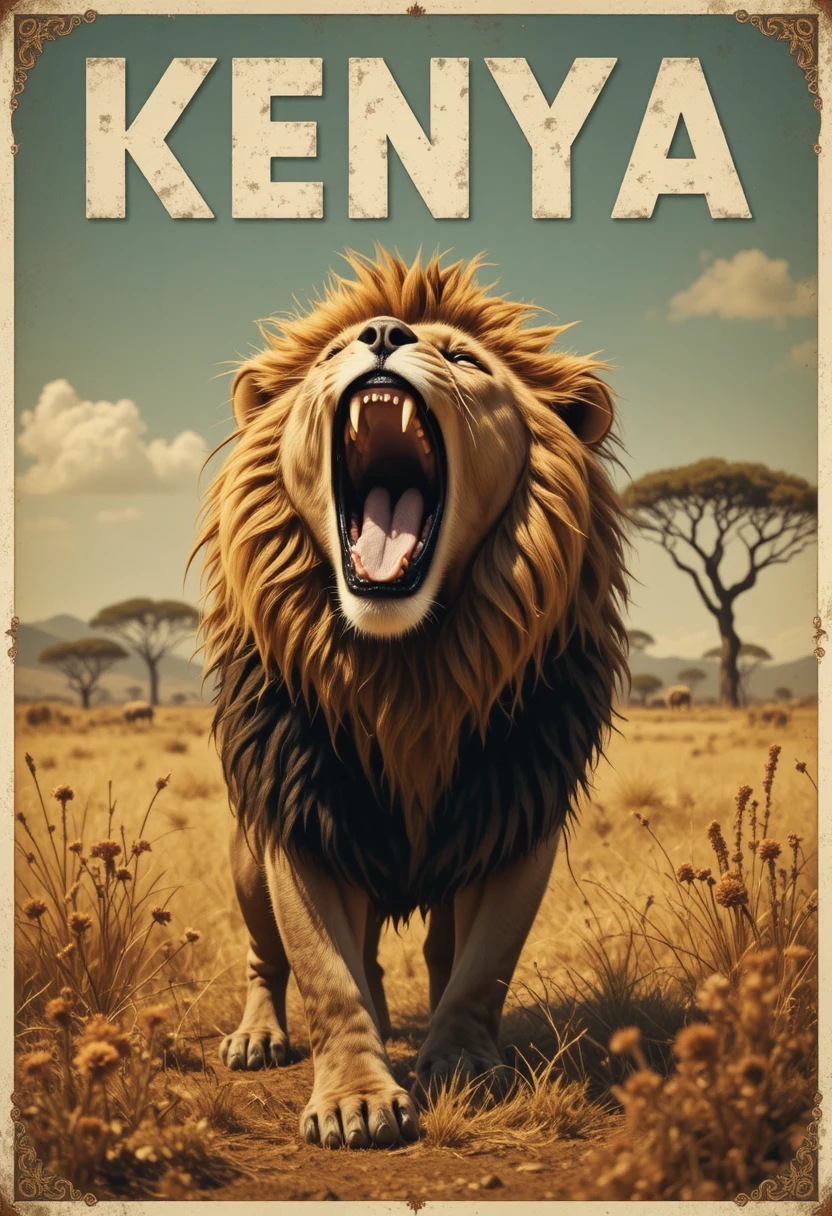 Vintage travel poster shows a roaring lion across the African savanna