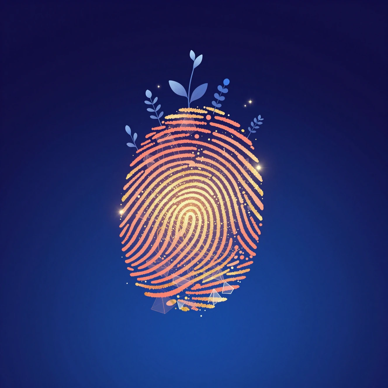 A radiant fingerprint blossoms into sprouts and geometric particles