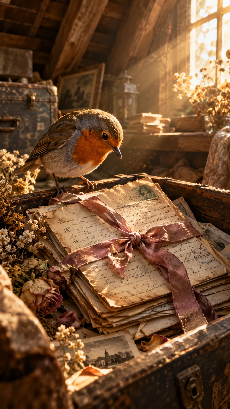 A curious robin discovers vintage letters in a sunlit attic