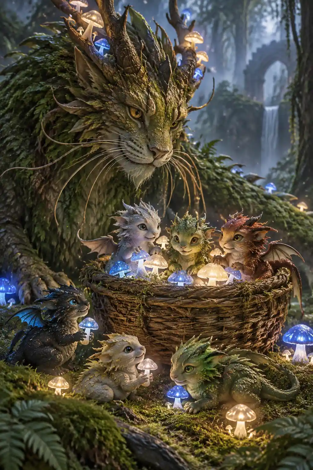 Un chat-dragon des forêts couvert de mousse veille sur de minuscules dragons