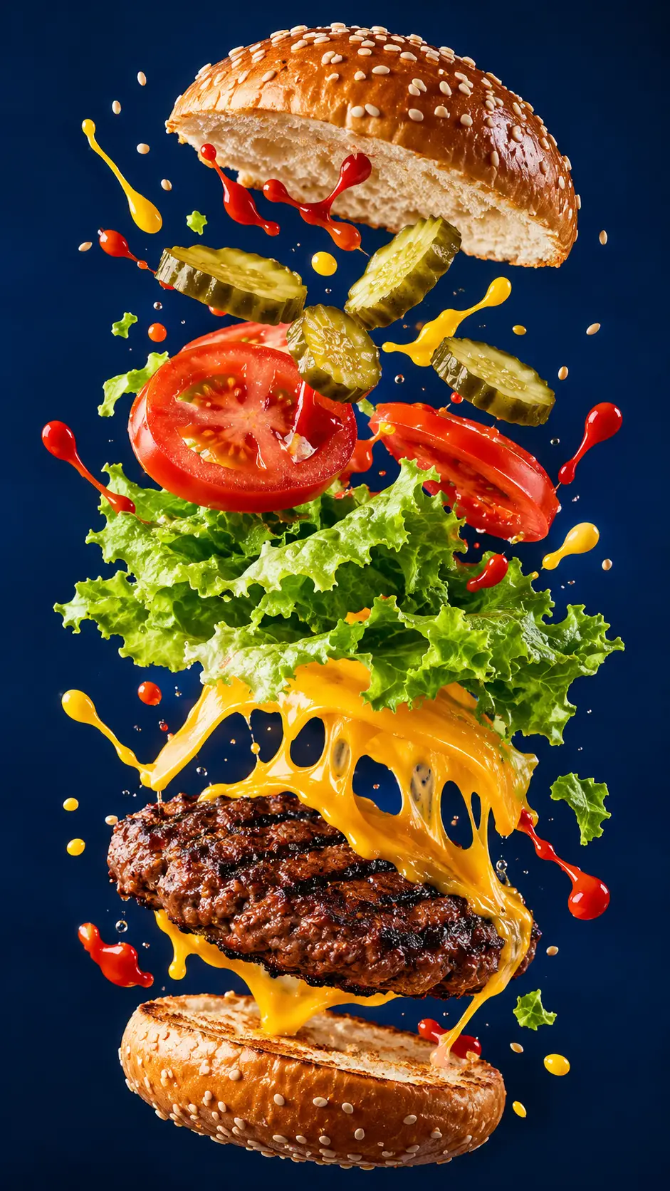 分解されたチーズバーガーの具材が濃紺の背景に浮かぶ