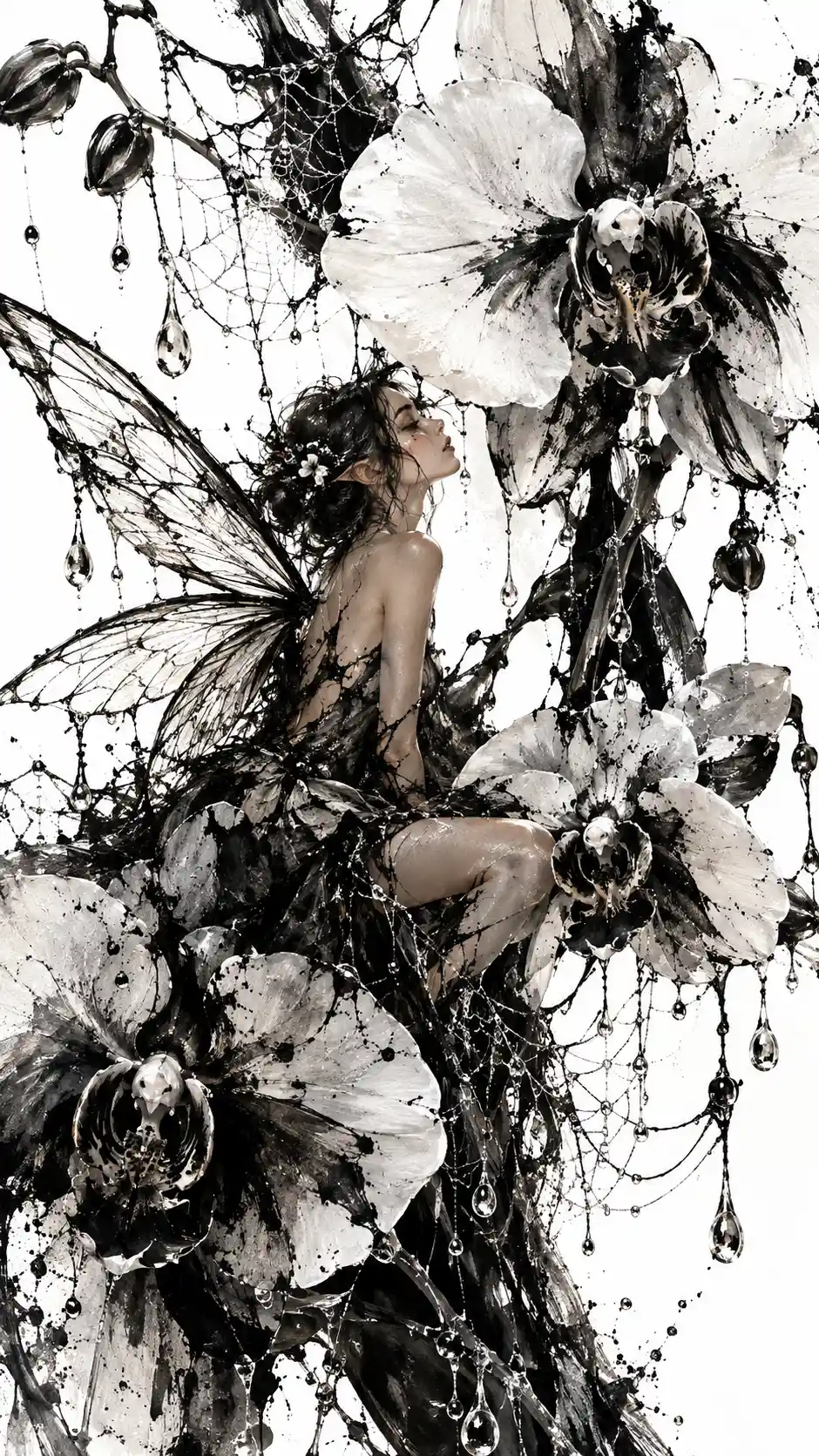A fairy among giant orchids and water beads on spiderwebs