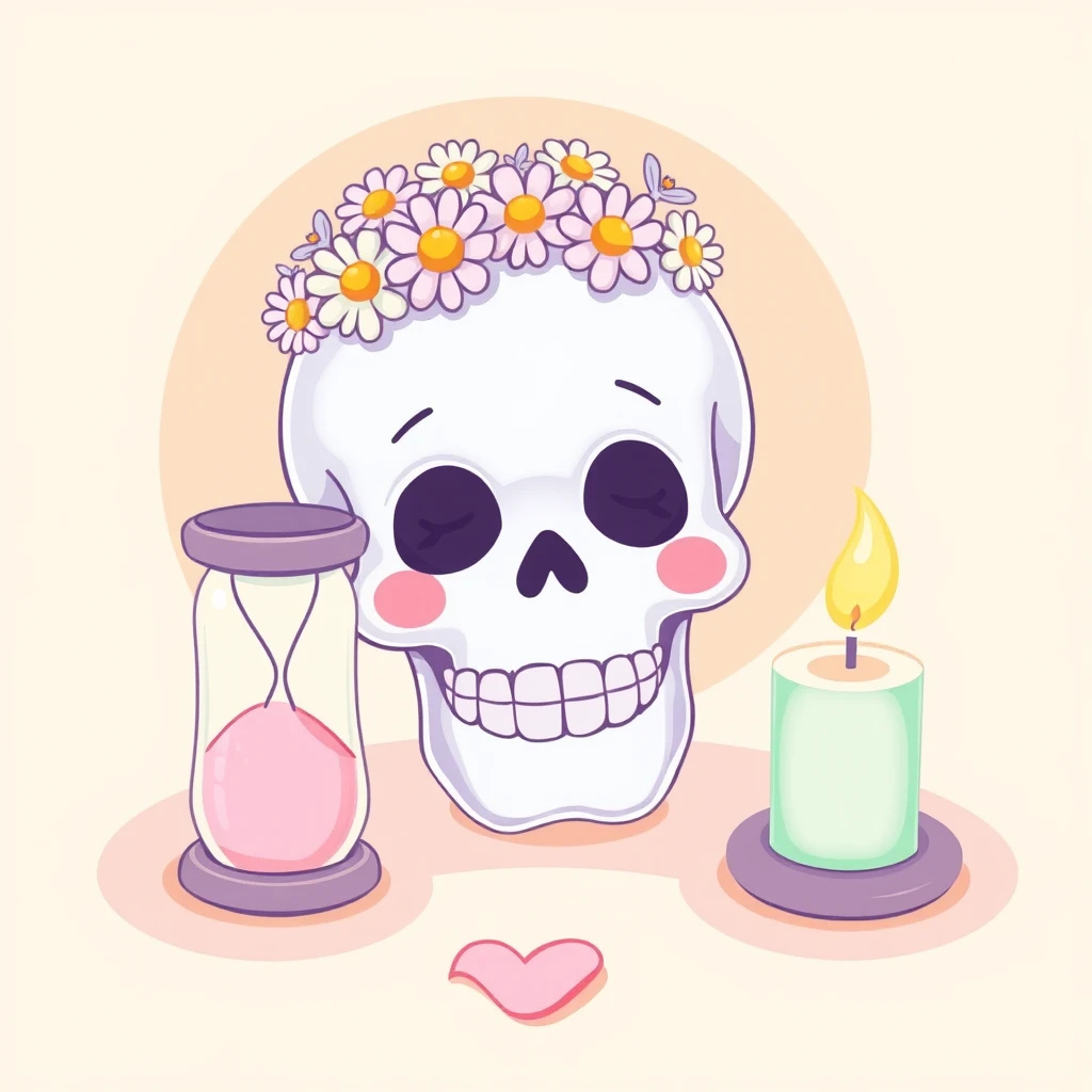 Un crâne pastel orné de marguerites, avec un paisible sourire aux yeux clos