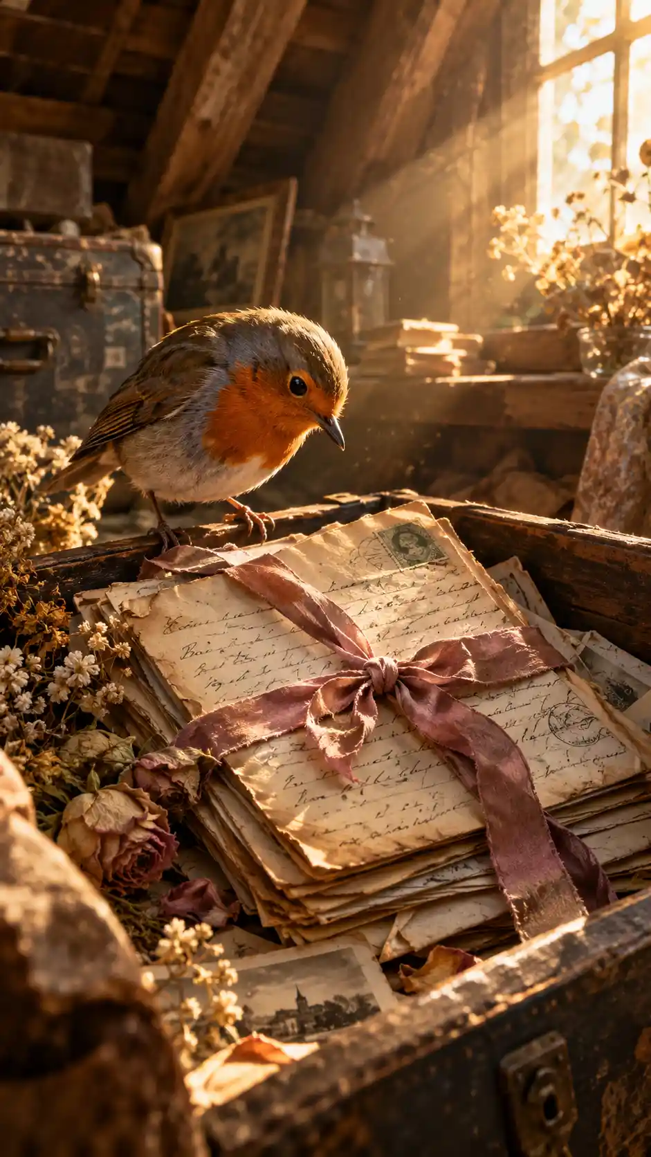 A curious robin discovers vintage letters in a sunlit attic