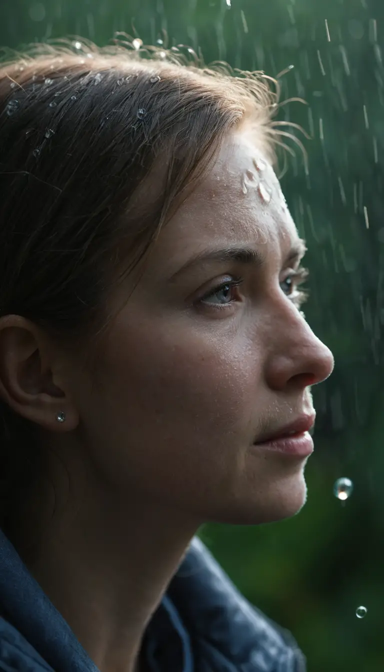 Uma mulher com um guarda-chuva fechado enfrenta uma tempestade que se aproxima na praça da cidade