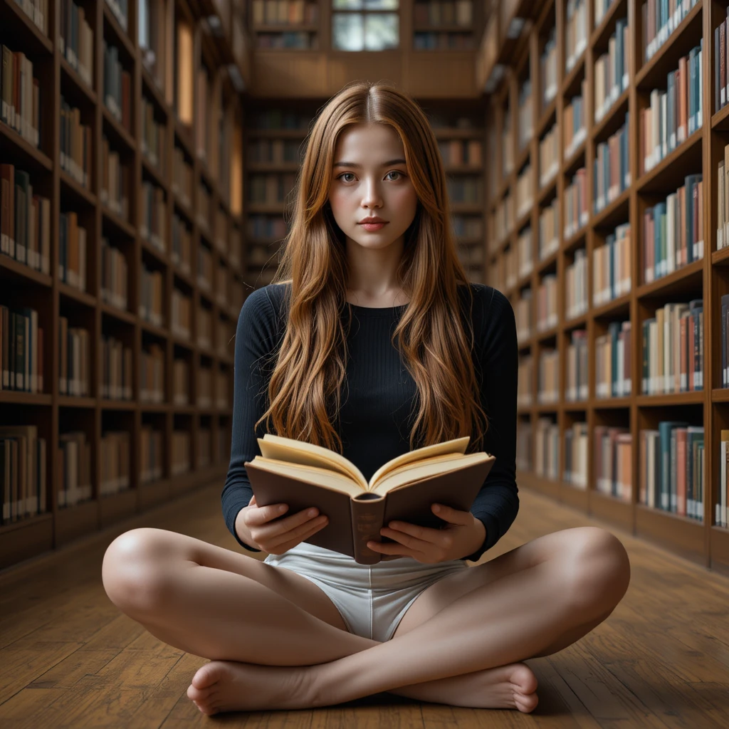 Jovem lê ao lado de estantes coloridas numa biblioteca acolhedora