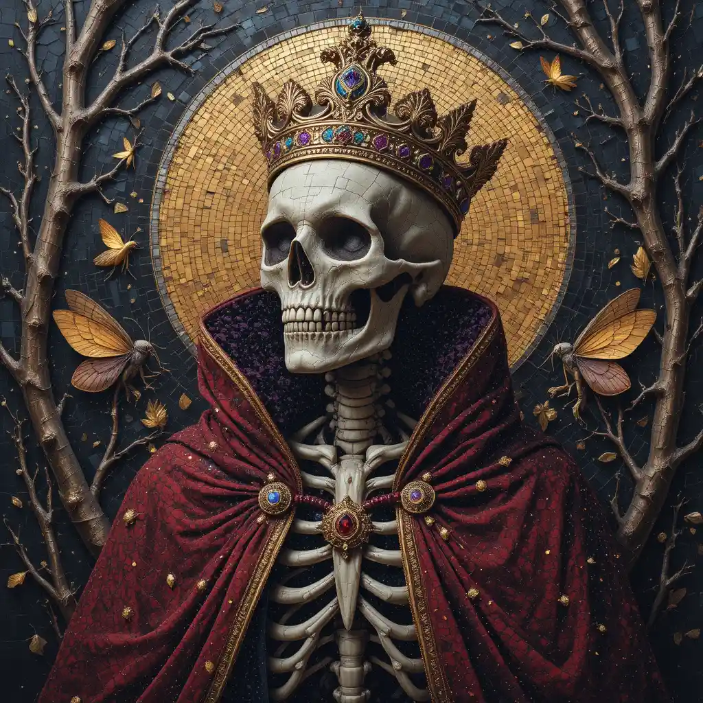 A crowned skeleton prince in intricate Byzantine mosaic art